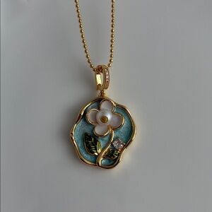 Green Enamel Flower Gold Necklace, Freshwater Pearl Necklace, Handmade Pendant